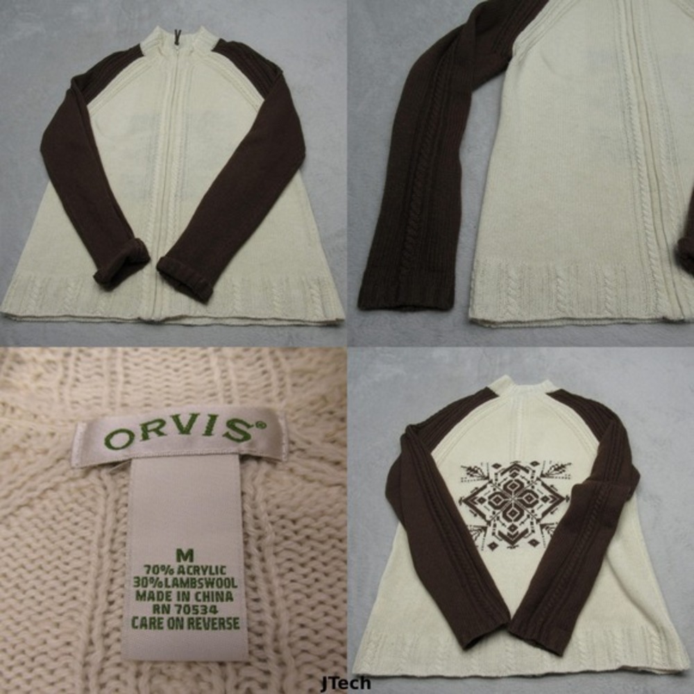 Vintage‎ Orvis Cardigan Women Medium Brown Lambswool Blend Cable Knit FullZip